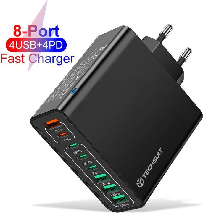 Productafbeelding Techsuit - Wall Charger (CHPD224) - 4 x USB, 4 X Type-C, Fast Charging, 65W - Black (65 W)