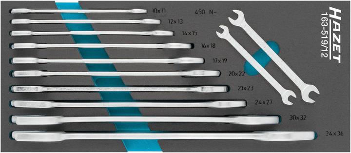Produktbild HAZET Doppel-Maulschlüssel Satz 163-519/12 ∙ Aussen Sechskant Profil ∙ 6 - 36 ∙ Anzahl Werkzeuge: 12… (18 mm, 17 mm, 27 mm, 30 mm, 34 mm, 23 mm, 13 mm, 10 mm, 16 mm, 21 mm, 12 mm, 11 mm, 22 mm, 24 mm, 32 mm, 20 mm, 36 mm, 19 mm)