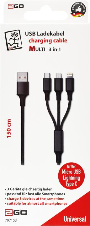 Image du produit 2GO 797153 Câble USB B USB C/Micro-USB B/Lightning (1.50 m)