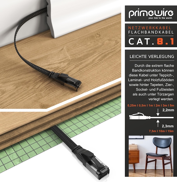Immagine prodotto Primewire Cavo LAN CAT.8, RJ-45, cavo di rete Ethernet CAT 8.1 piatto 40 Gbit, cavo patch con rivestimento in (U/FTP, CAT8.1, 0.25 m)