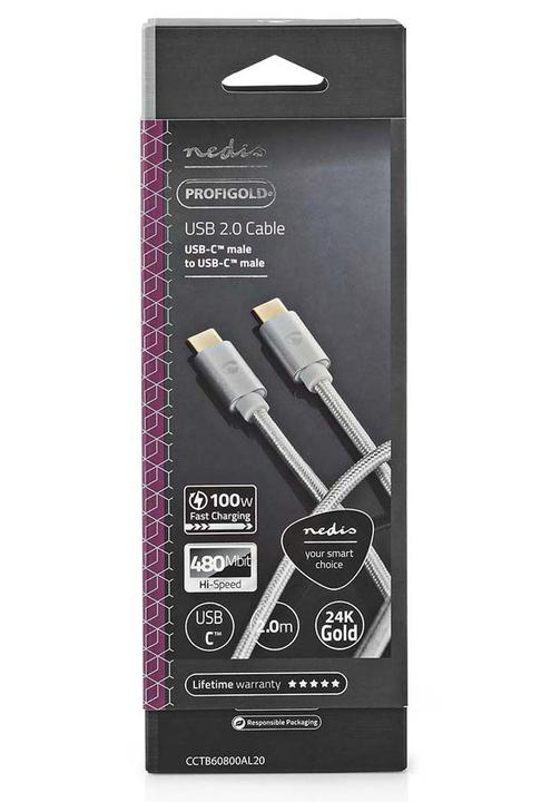 Actual product image Nedis USB cable USB 2.0 USB-C plug USB-C plug 100W 480 Mbps Gold-plated 2.00 m round Braided/N (2 m, USB 2.0, 100 W)