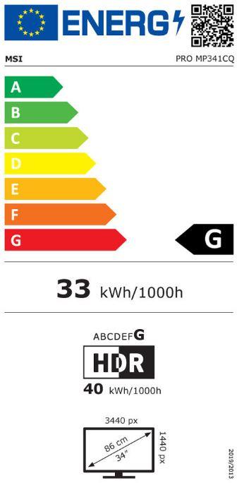 Energie-Label MSI PRO MP341CQDE 86,36cm 34Zoll VA 3440x1440 21:9 300cd/m2 4ms HDMI DP Black (P) (3440 x 1440 Pixel, 34")