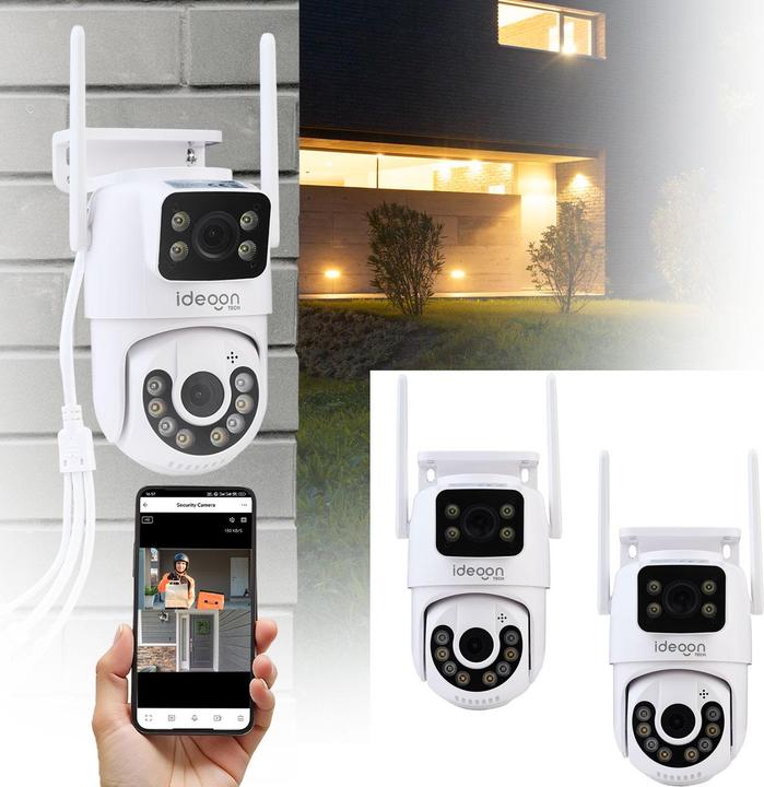 Ideoon 2er-Set Dual Lens IP Outdoor-Überwachungskamera, 355° mit Nachtsicht und Gegensprechen