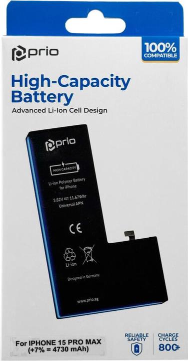 Actual product image prio Hochleistungsakku für iPhone 15 Pro Max (4730 mAh) - Universeller APN -