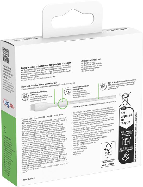 Produktbild Belkin USB-C TO USB-C 240W 2.0 BRAIDED PCR 1M WHITE (1 m, USB 2.0, 240 W)