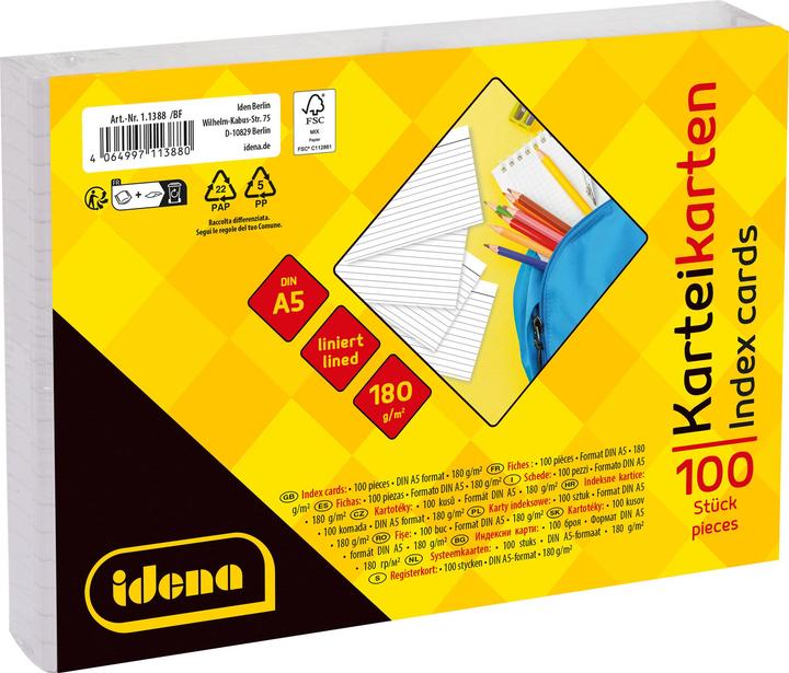 Produktbild Idena Karteikarten liniert 180g/m² weiss DIN A5 100 Stück (A5, 180 g/m²)