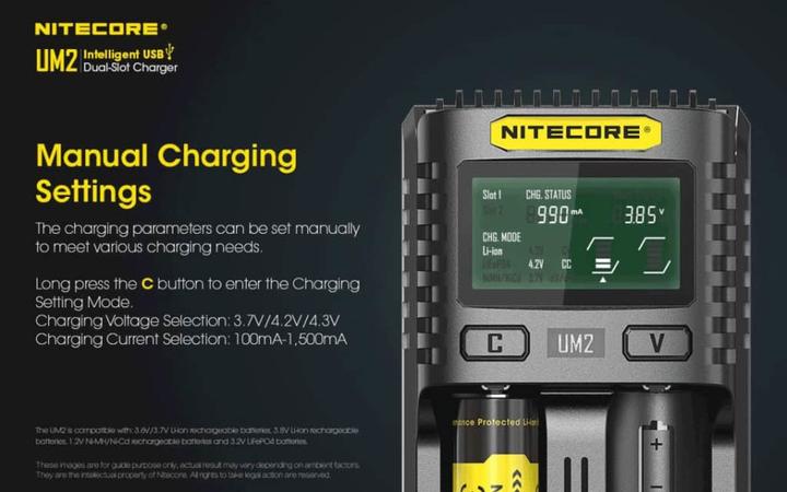 Actual product image Nitecore UM2 USB-Ladegerät (1 pcs., 14500, 16340, 18650, 26650, Chargers without battery)