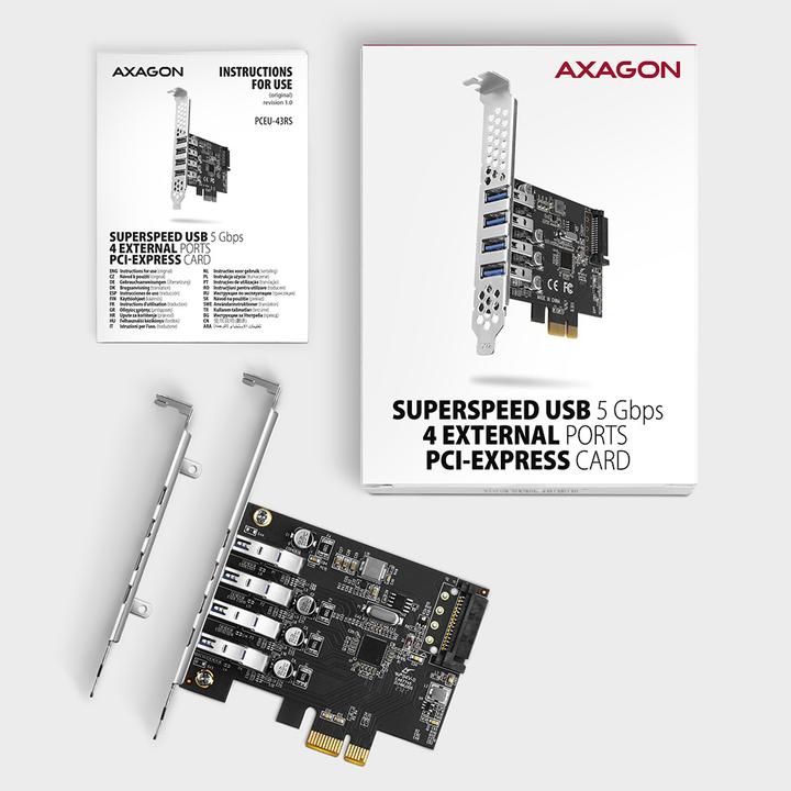 Actual product image Axagon PCEU-43RS PCIe Adapter 4x USB3.0 UASP VIA, 15-pin SATA Power Supply