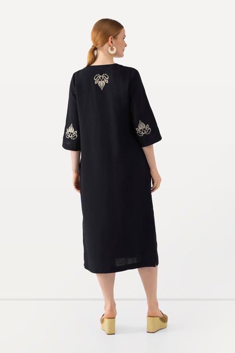 Produktbild Ulla Popken Leinen-Maxikleid, Stickerei, Tunika-Ausschnitt, 3/4-Arm (48)