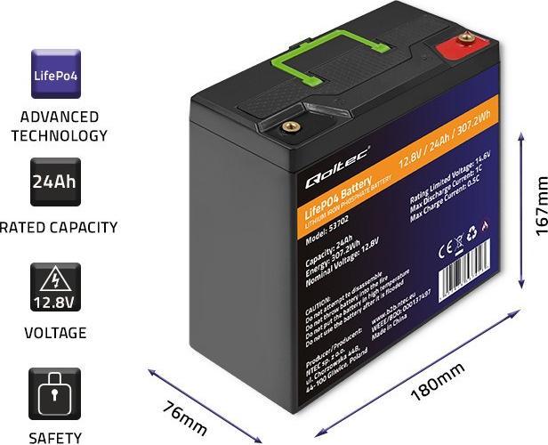 Produktbild Qoltec Akumulator LiFePO4 LiFePO4 Litowo-Żelazowo-Fosforanowy | 12.8V | 24Ah | 307.2Wh | BMS (12.80 V, 24 Ah)