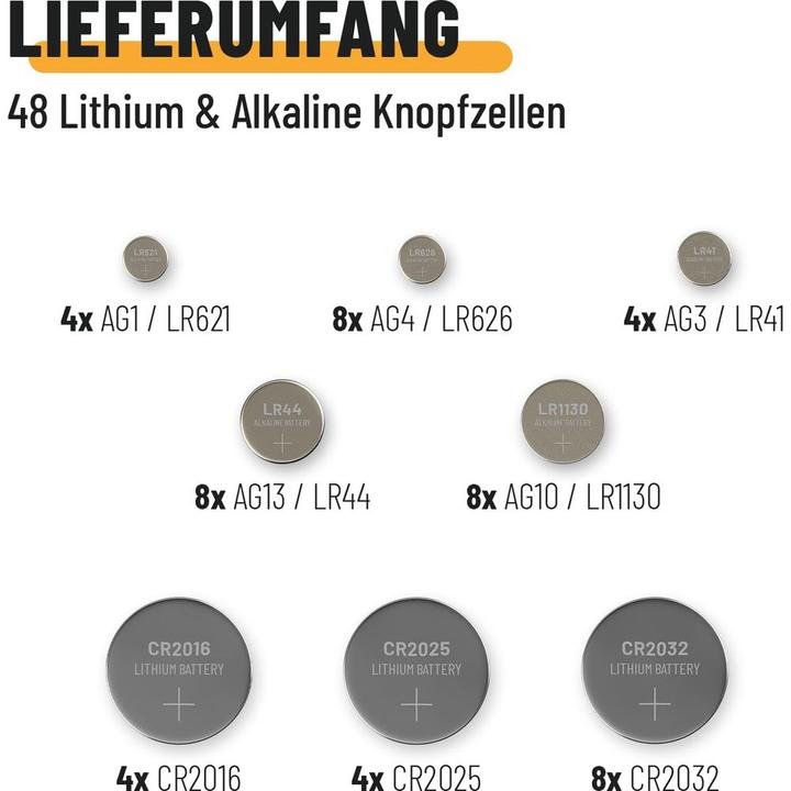 Image du produit Absina Kit de piles boutonnées (48 pcs, A10, A13, AG1, CR2016, CR2025, CR2032)