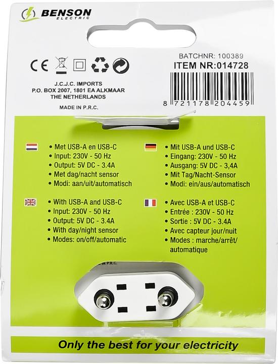 Actual product image Benson Electric Night light with USB-A and USB-C plug and sensor