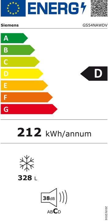 Energie-Label Siemens GS54NAWDV Höhe 176 cm, Breite 70, No-Frost (Freistehend, 328 l)