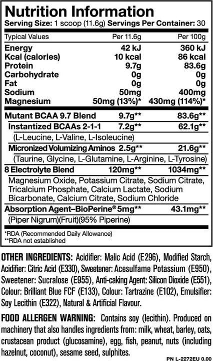 Valori nutrizionali e ingredienti Mutant Bcaa (Lampone, 1 pz., 348 g)