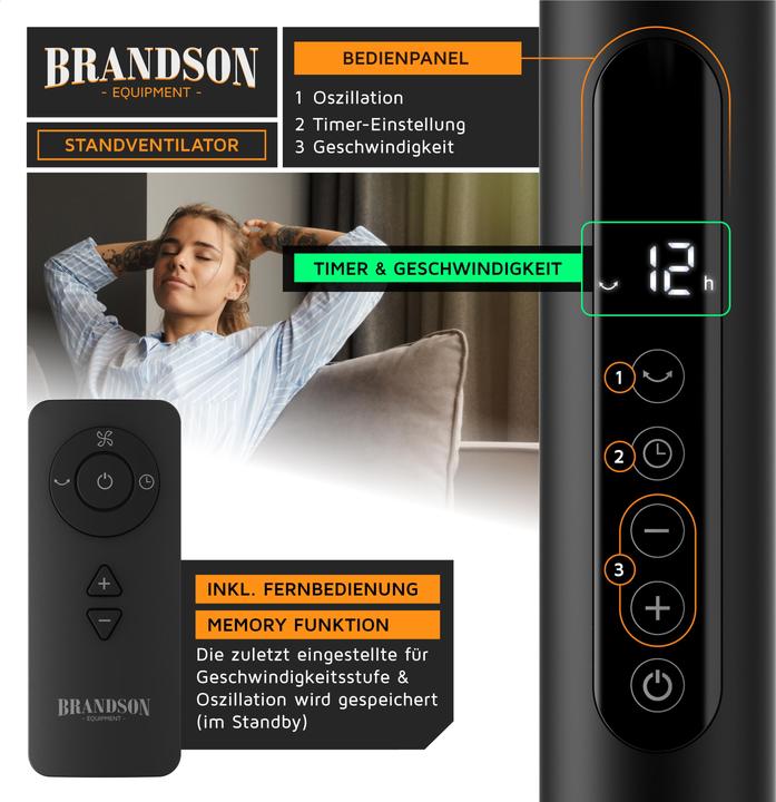 Actual product image Brandson Standventilator, Fernbedienung, DC, leise, energiesparend, Oszillation, Timer, 43 cm Ø, 12 Stufen (59 dB)