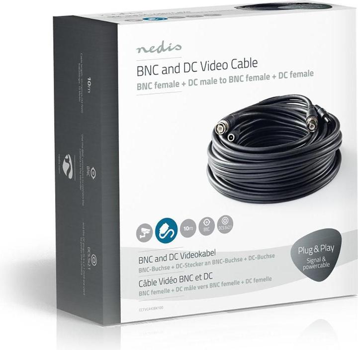 Nedis Cavo TVCC RG59 con connettori BNC e DC preassemblati, cavo siamese da 10 m per sorveglianza e (U/UTP, CAT5, 10 m)