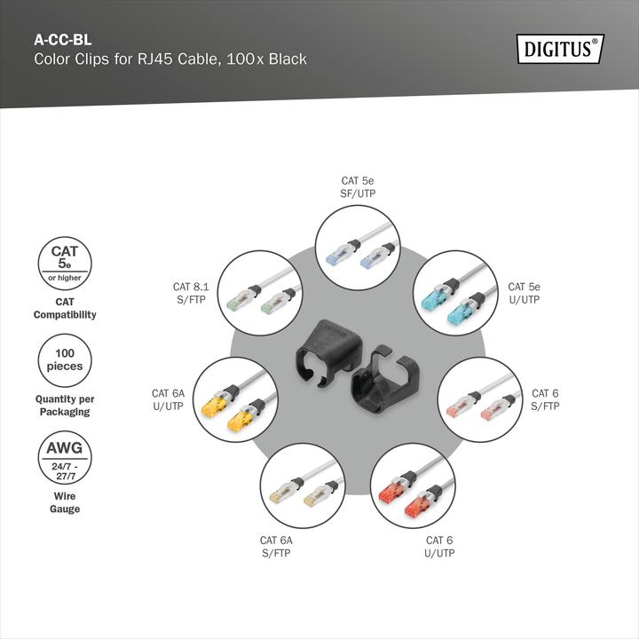 Produktbild Digitus Farbclips für RJ45-Kabel Farbe Schwarz, 100 Stück Packung (CAT5e)