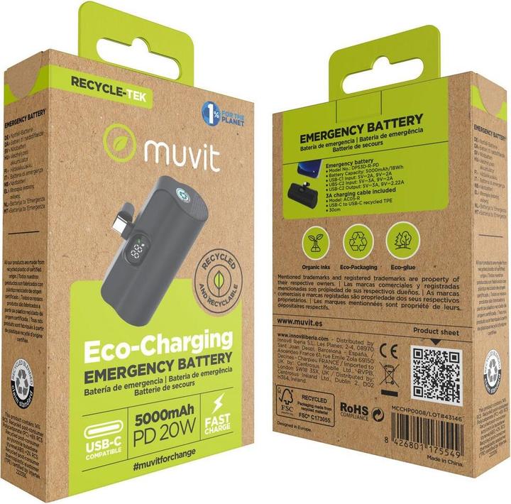 Immagine prodotto Muvit Powerbank for Change DP53D-R-PD Schwarz 5000 mAh (5000 mAh, 20 W)