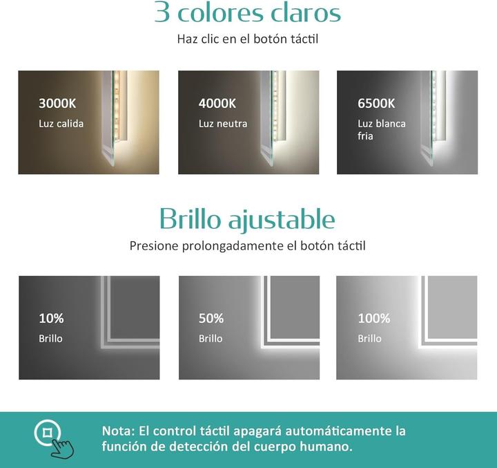 Productafbeelding Emke Motion Sensor LED Bathroom Mirror with Anti-Condensation and 3 Dimmable Light Colors (50 x 70 cm)