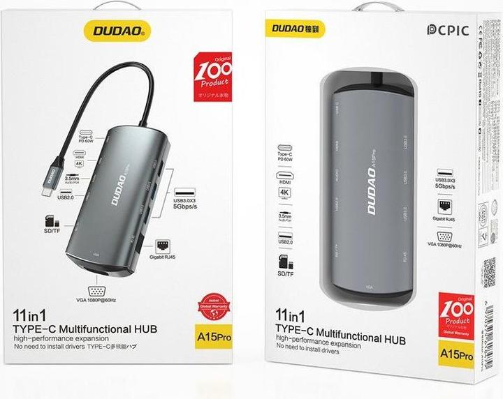 Actual product image Dudao 11in1 multifunctional HUB USB Type C - USB Type C PD 60 W / HDMI / 3.5 mm mini jack / 1x USB 2 (USB-C, 11 ports)