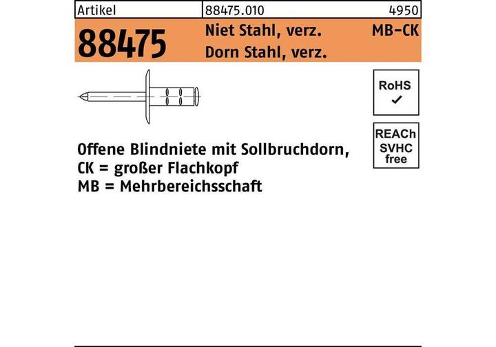 Produktbild Gesipa Blindniete R 88474 Flachkopf 4,8x17 K16 Niet Stahl verzinkt/Dorn Stahl verzinkt