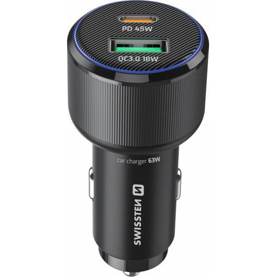 Swissten Car Adapter USB-C PD + USB-A 63W - Black, Adattatore per auto, Nero