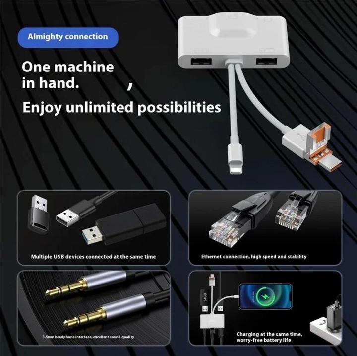 Produktbild PowerGuard DualHeadConnect USB-C/USB-A Lightning to Ethernet 3.5 mm Audio Multiport Adapter (USB-A, Lightning, USB Typ C, 3.5mm Klinke)