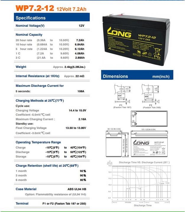 Produktbild Kung Long Akku WP7.2-12M, 12Volt, 7,2Ah VDS G101163, mit Faston 4,8mm Steckkontakten (12V)