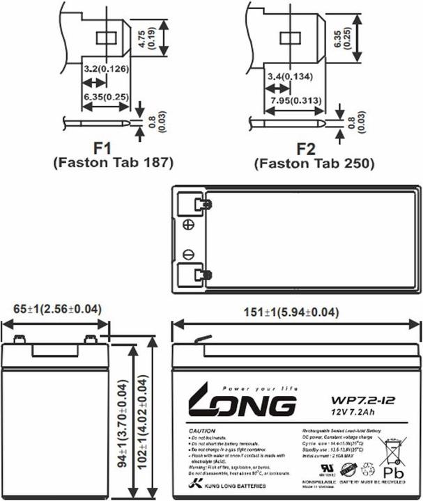 Produktbild Kung Long Akku WP7.2-12M, 12Volt, 7,2Ah VDS G101163, mit Faston 4,8mm Steckkontakten (12V)