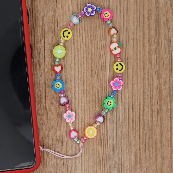 Produktbild PhoneLook Universal Smartphone Armband Schmuck Charms Blumen Früchte und Emojis Perlenband