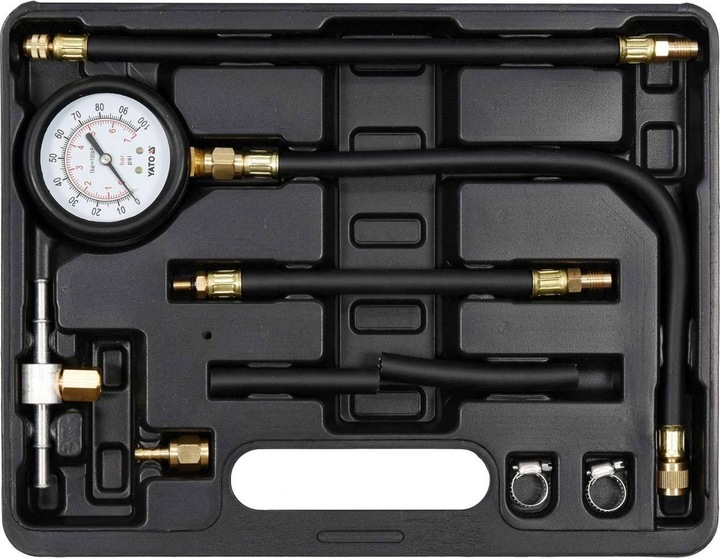 Produktbild Yato Profi Benzin Druckprüfer Set 9 TLG, mit Manometer 0-100 psi / 0-7 Bar, Flexible Ablaufschläuche