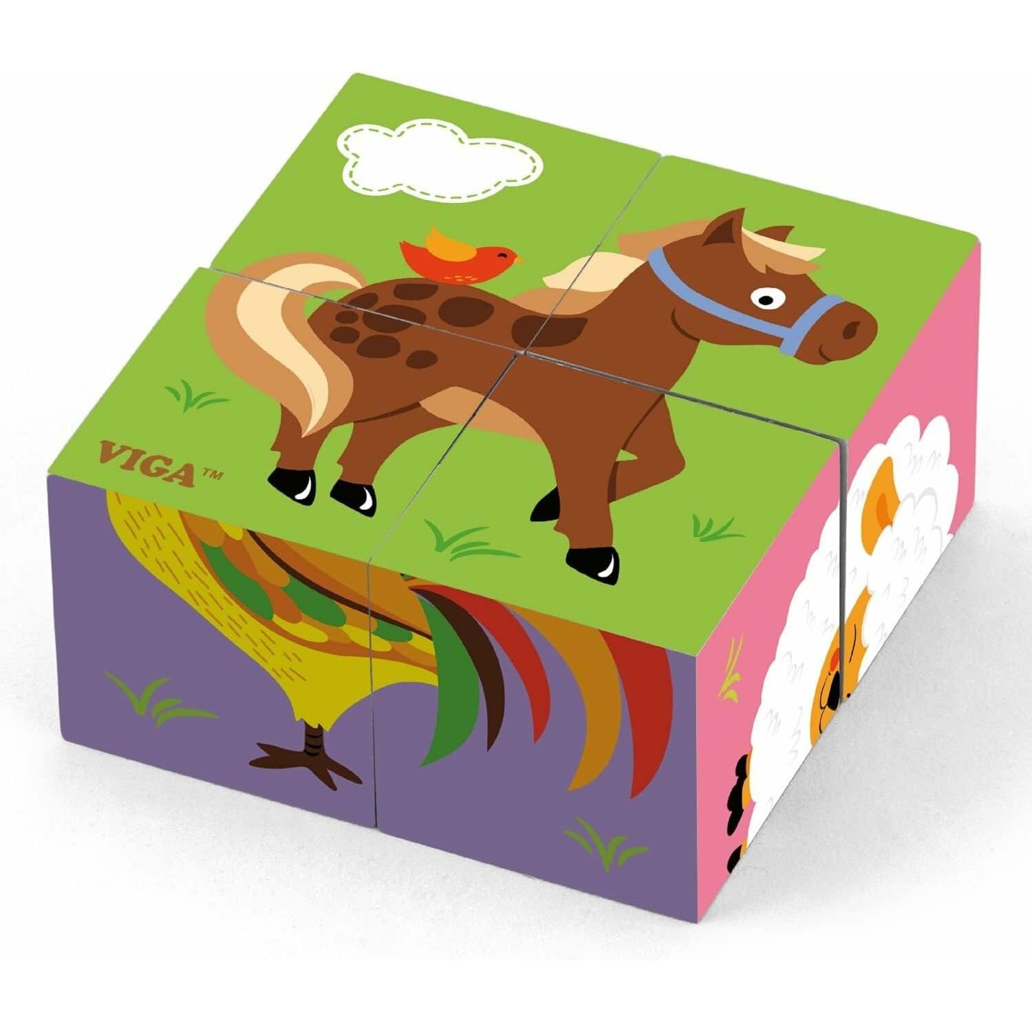 Viga Toys Würfelpuzzle Bauernhoftiere (4 Teile)