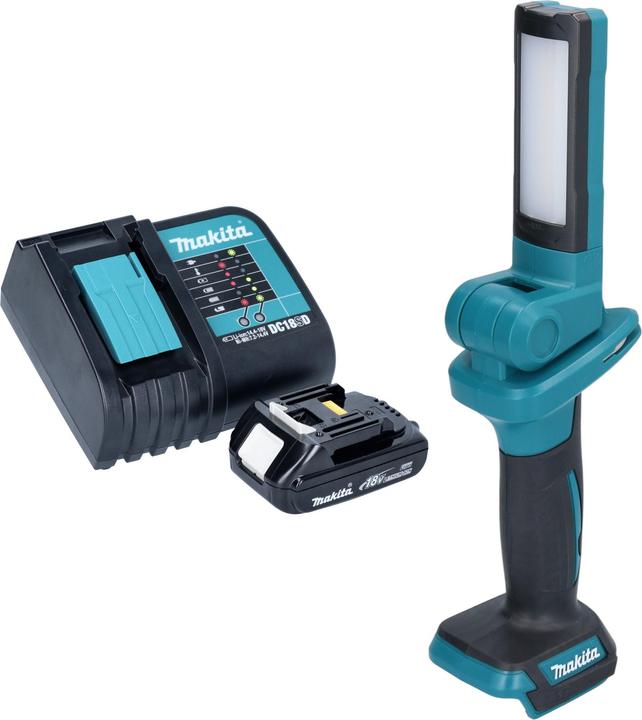 1500 mAh Li-Ion Akku, 1x Makita DC 18 SD Akku Ladegerät, 1x Makita DML 816 Akku LED Arbeitsleuchte, 1x Schultergurt mit Haken, 1x Makita BL 1815 N 18V - 1,5 Ah