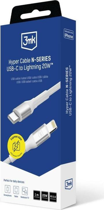 Produktbild 3MK Kabel Hyper Cable N-SERIES USB-C do Lightning 1m 9V/2A 20W biały (1 m, 20 W)