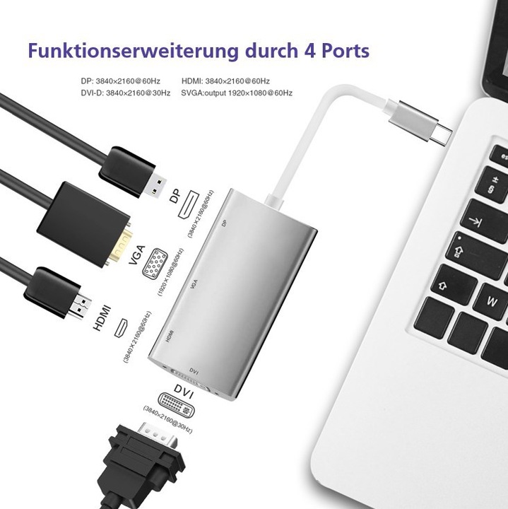 Produktbild Helos Dockingstation, USB 3.1 Type-C™ St./DP/HDMI/DVI/VGA Bu, PREMIUM 4K, silber USB Type-C™ Dockingstati (USB-C)