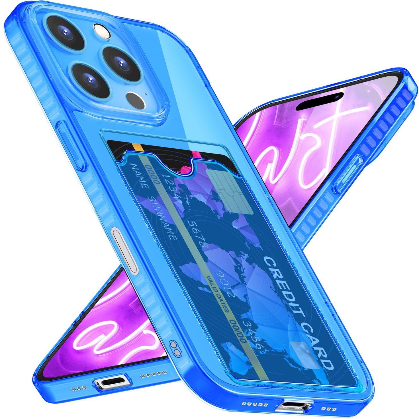 Nalia Klar Transparente Neon Silikon Hülle Kartenhalter (Apple iPhone 16 Pro), Smartphone Hülle, Blau
