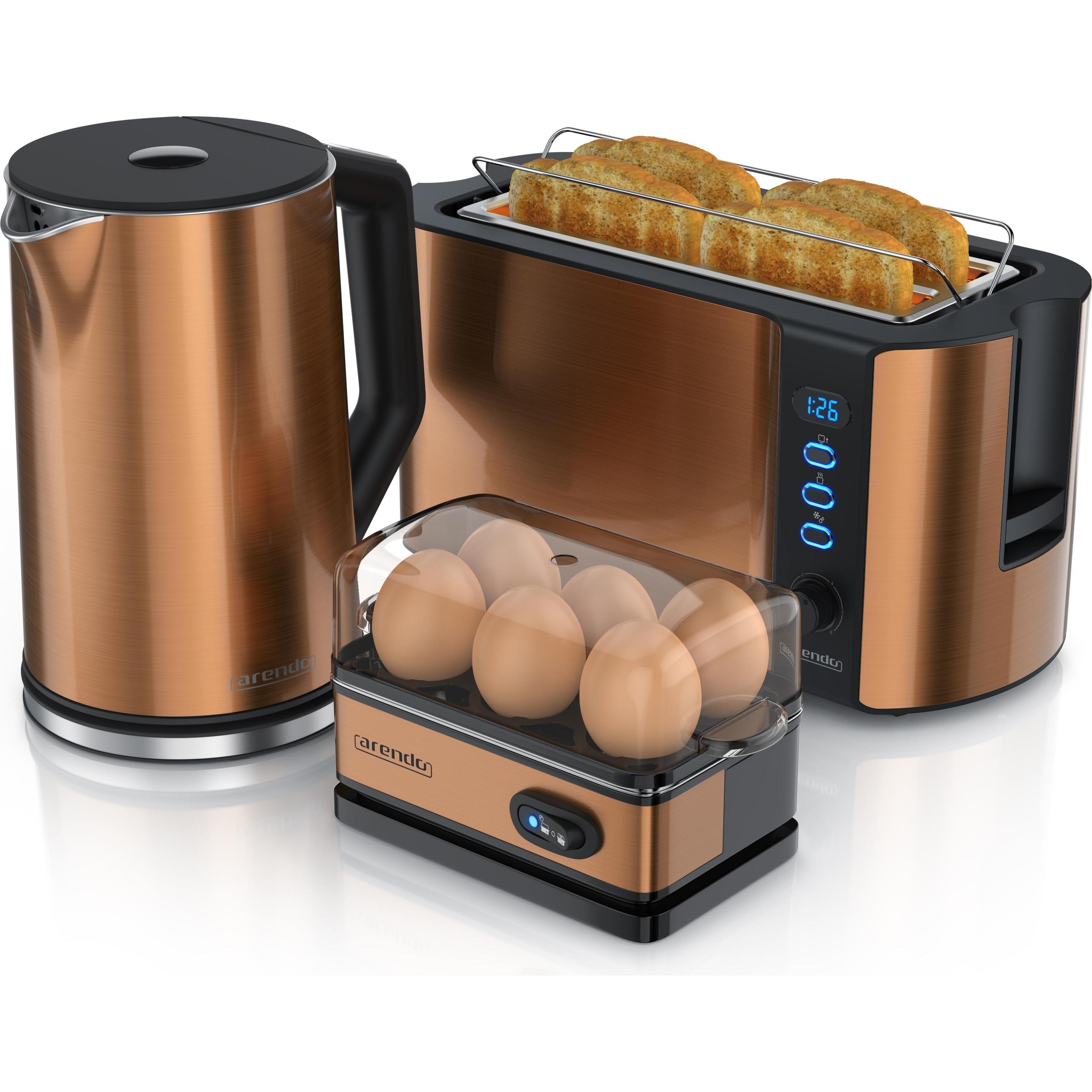 Arendo Frühstücks Set, Wasserkocher 1,5l Temperaturwahl, 4-Scheiben Toaster & Eierkocher für 6 Eier, Kupfer, Wasserkoche...