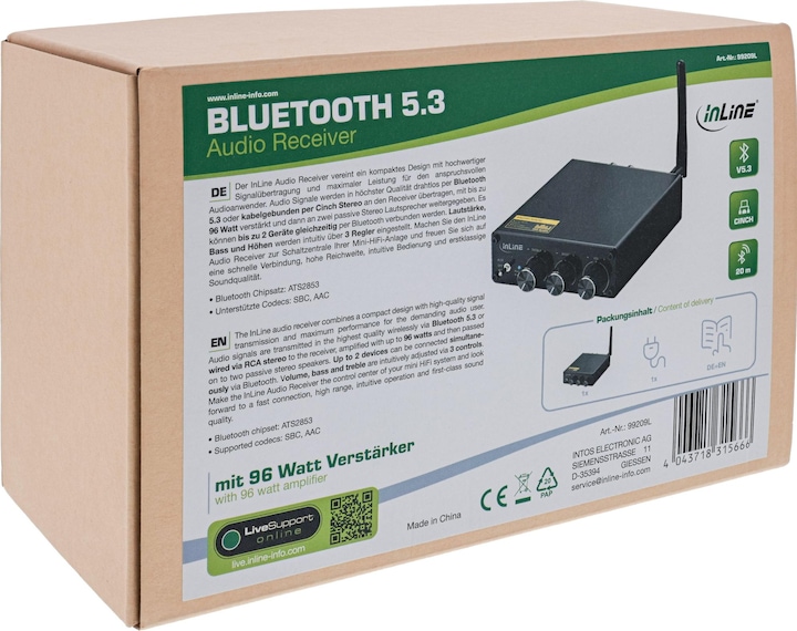 Immagine prodotto InLine Ricevitore audio Bluetooth 5.3 con amplificatore da 96 watt (Ricevitore)