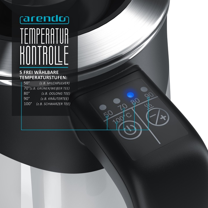 Produktbild Arendo Wasserkocher 0,5 l, 1100 W, Edelstahl Single Reisewasserkocher Mini, Temperatureinstellung, weiss (0.50 l)
