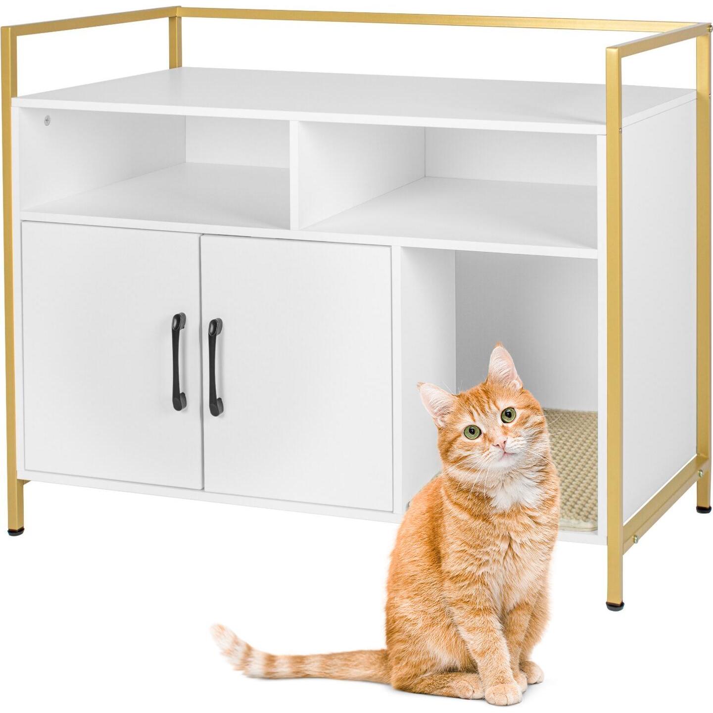 Comparer les prix de Armoire à litière Relaxdays avec tapis entrée rangement H x L x P 74x90x45 cm niche pour chat blanc/doré