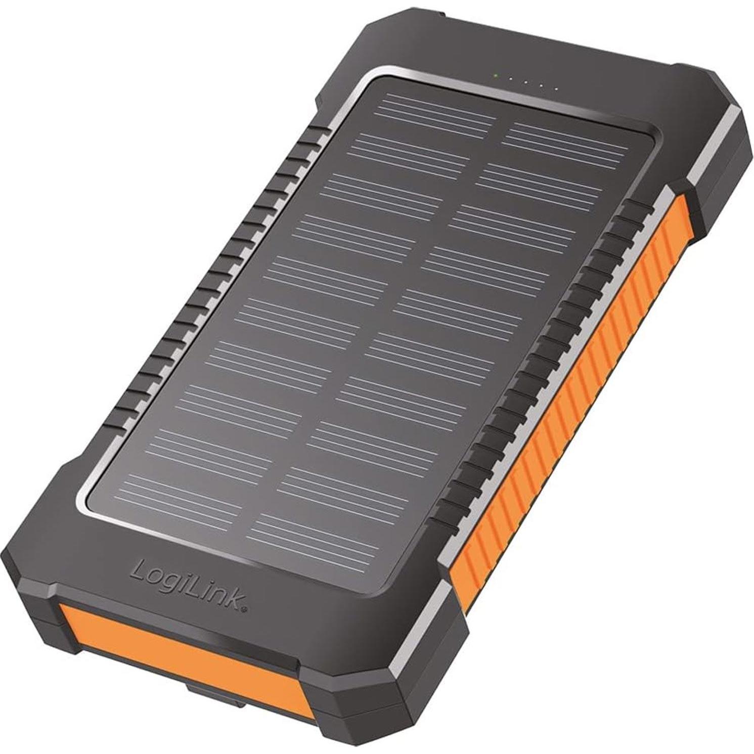 LogiLink Banca di energia solare (8000 mAh, 10 W, 29.60 Wh), Powerbank, Arancia, Nero