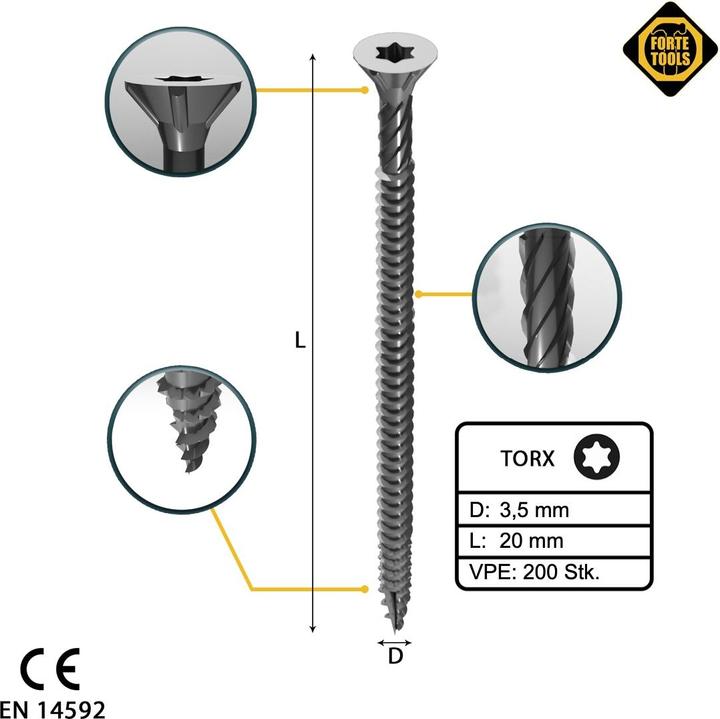 Productafbeelding Forte tools SPAANPLAAT SCR T15 3,5X20 WIT ZN(200) (200 Schroeven per stuk)