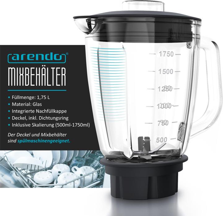 Produktbild Arendo Edelstahl Standmixer 1400 W, Power Mixer, 1,75l Glasbehälter, Blender, Hochleistungsmixer, silber (1400 W)