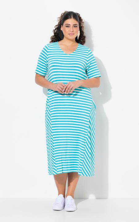 Produktbild Ulla Popken Midikleid, Ringel, A-Linie, V-Ausschnitt, Halbarm, Taschen (54)