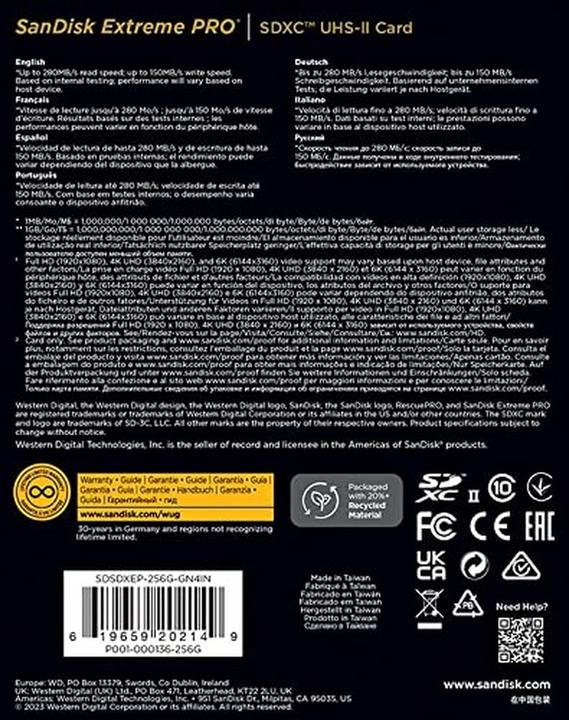 Immagine prodotto SANDISK Extreme PRO UHS-II V60 (256 GB, SDXC, U3, UHS-II)