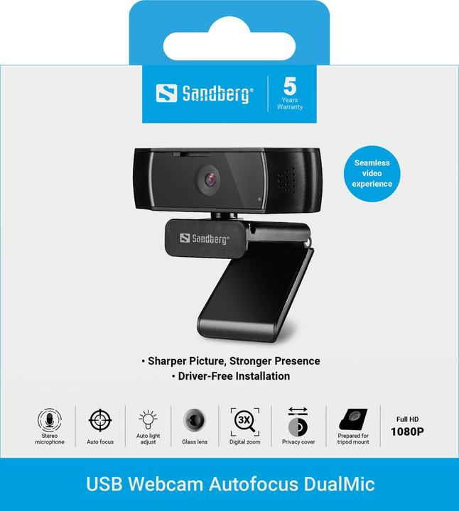 Actual product image Sandberg USB Autofocus DualMic Webcam 2.07 MP 1920 x 1080 Pixel USB 2.0 Black (2.10 Mpx)