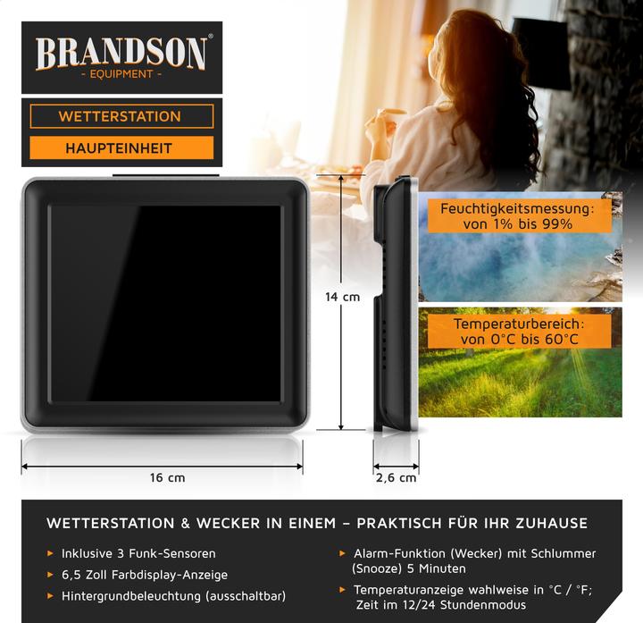 Image du produit Bearware Funk Wetterstation mit Farbdisplay & 3 x Wireless Funksensoren / Aussensensor, DCF Funkuhr, Alarm