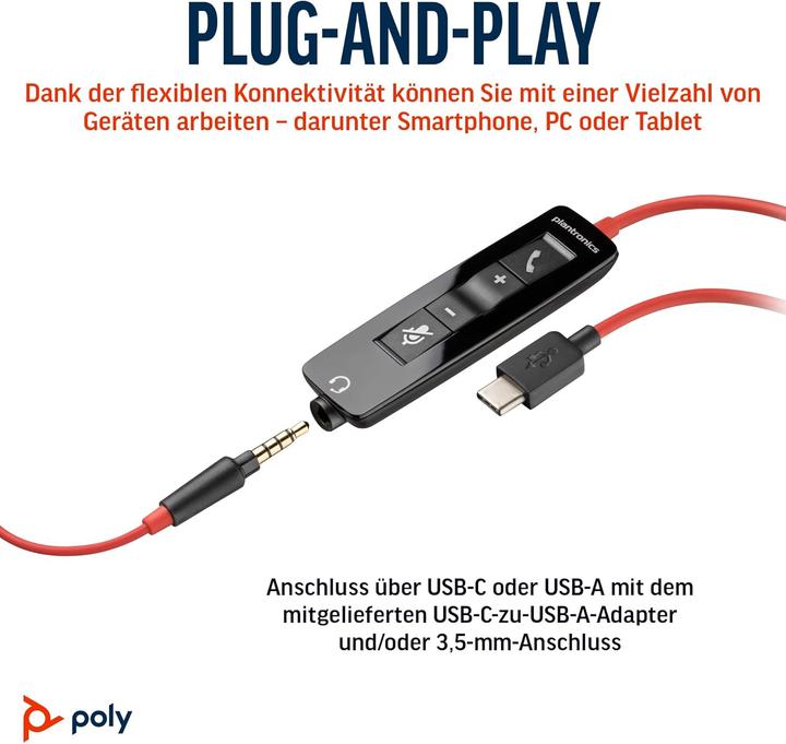 Produktbild Poly Schnurgebundenes Headset Blackwire 5210 mit Noise Cancelling-Mikrofon (Kabelgebunden, USB-A, USB-C, Google Meet, Microsoft Teams, Zoom)