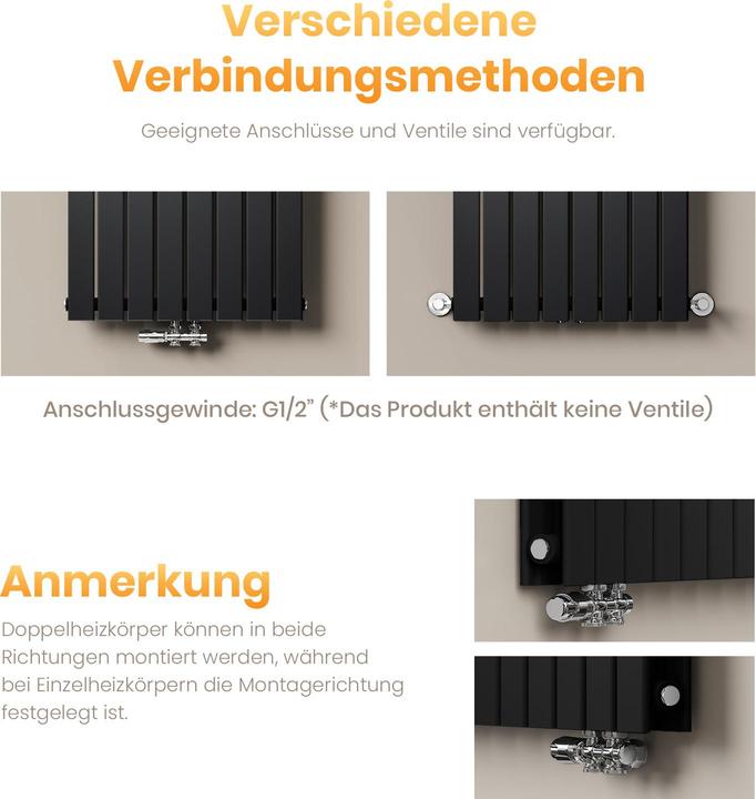 Produktbild Emke Heizkörper, Flachheizkörper mit Zentralanschluss, Schwarz 180x30cm 627W Einlagig (627 W)