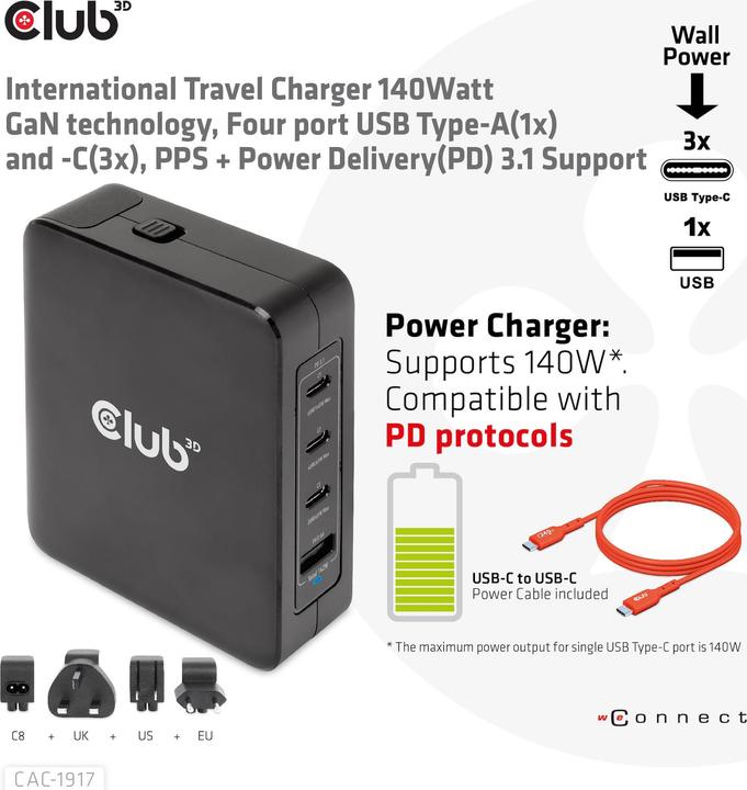 Produktbild Club 3D Club3D Reiseladegerät 3xUSB Typ C, 1xUSB Typ A, PD 140W retail (140 W, 4 Ports)